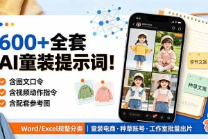 (19302期)600+全套AI童装提示词!含图文口令+视频动作指令+配套参考图,Word/Excel规整分类,童装电商、种草无脑量产内容