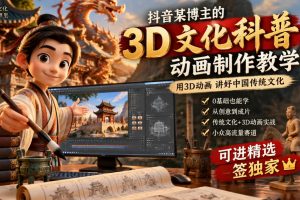 抖音某博主的3D文化科普动画制作教学，用3D动画呈现中国传统文化，可进精选签独家，单日收益1k+